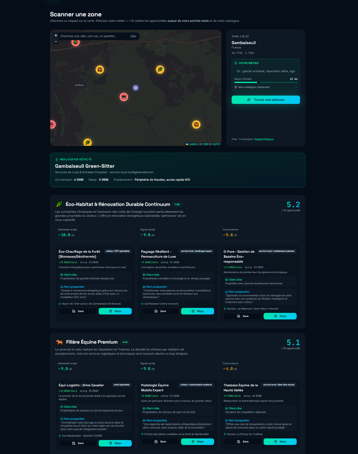 Carte interactive avec marqueurs d'opportunités