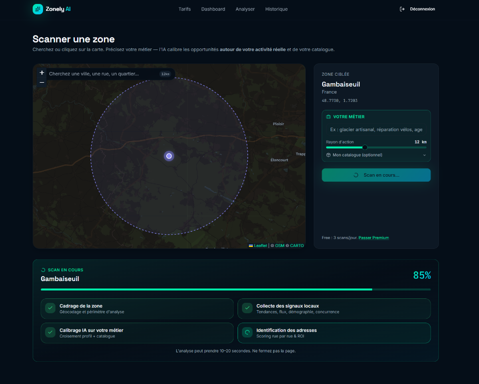 Interface de scan d'une zone par Zonely AI
